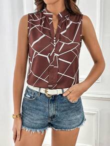 SHEIN Essnce Women's Geometric Print V-Neck Sleeveless Casual Shirt - Brown - View 5
