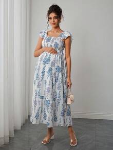 Momance 孕妇时尚碎花荷叶袖连衣裙 - 彩色 - 查看 6