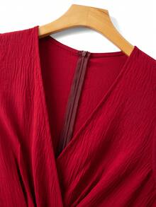 GlowEve CURVE Plus Size Summer Casual Solid Color Overlap Collar Pleated Dress, Suitable For  Day - Red - View 3