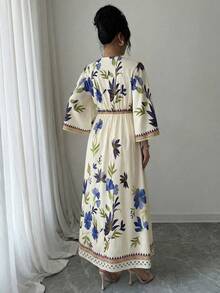 Yasmyna 女士优雅通勤印花喇叭袖连衣裙 - 藍色 - 查看 2