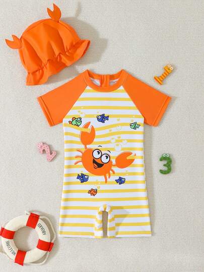 Baby Boys Swimwear Infant Boys' Back-Opening Drawstring Terry Shorts With Contrasting Light Orange And Yellow Stripes, Featuring A 3D Adorable Crab Embossed Sun Hat. Stylish, Casual, Cute, Exquisite, And Elegant For Ladies, Perfect For Swimming, Summer Vacations, Beach Outings, Pool Swimming, Summer Holiday Parties, And Leisure Trips Sea Animal Baby Clothes Baby Boy Swimsuit With Hat Toddler Swim Wear Baby Boy Orange Sporty Outfit