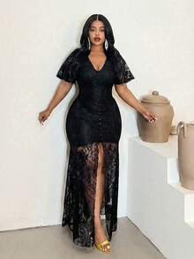Maweii Vestido mini de mujer talla grande con mangas de volantes de malla transparente sexy, vestido elegante de fiesta de vacaciones con escote en V y abertura frontal - Negro - Ver 3