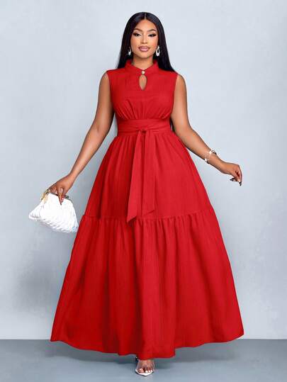 SOLERSUN 加大码蓝色立领前开襟无袖束腰系带连衣裙女式优雅休闲时尚通勤外出连衣裙夏季新款女装