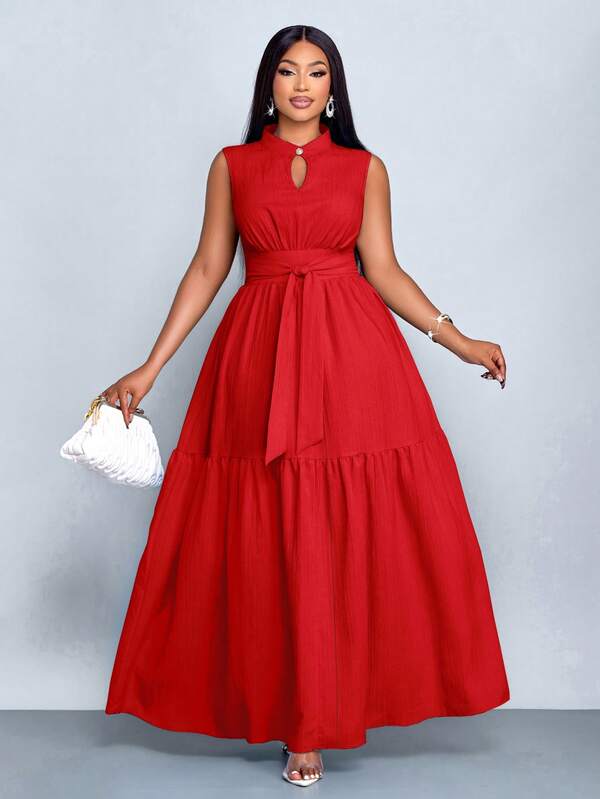 SOLERSUN Vestido azul de talla grande con cuello mao, corte frontal, sin mangas, cintura ceñida y nudo de amarre. Vestido elegante y casual para mujeres, para ir a trabajar o salir, nueva colección de verano de ropa de mujer