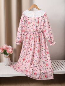 Tween Girls Pink Floral Midi Dress,Cute Summer Elegant Party Al-Adha Arabic Middle Eastern Style Lace Collar Large Bow Holiday Everyday Wear - Multicolor - View 2