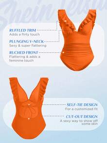 Swim Vcay 2026春夏新款女士泳装上市，适合度假、约会、西部风情、邮轮、海滩、海岛、公路旅行、四季皆宜、音乐节、波西米亚风度假、秋日休闲波西米亚Y2K褶皱短裤、优雅复古休闲女士纯色荷叶边性感连体泳衣、橙色度假泳衣、橙色连体衣、夏季连体衣、橙色比基尼、橙色沙滩裙、荷叶边泳衣、橙色度假套装、橙色连体裤、橙色连体泳衣、橙色泳装、女士泳装、橙色荷叶边泳衣 - 橘色 - 查看 5