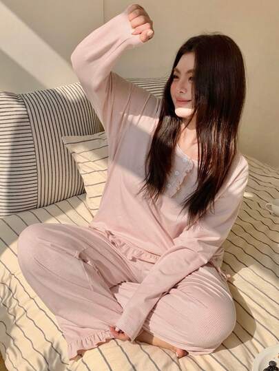 DAZY 大码女式条纹纽扣半开襟长袖上衣和裤子睡衣套装