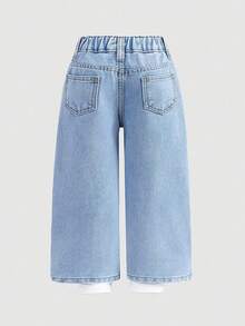 SHEIN Young Boy Spring Summer Distressed Stylish Flame & Letter Print Loose Fit Blue Denim Baggy Jeans,Suitable For Boys Playful Style,Comfortable For Boys Daily Wear And Outings Spring Summer Baggy Jeans,Carnival Boys Look 2026,Boys Party Clothes,Summer Vacation Outfits,Graphic Jeans Boys - Light Wash - View 3