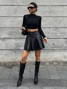 DAZY Chân váy ngắn xếp ly màu trơn dành cho nữ, kiểu dáng thường ngày, đa năng. - màu đen - Xem 3