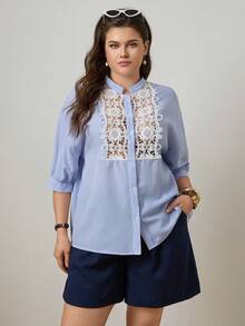 Zelara Plus Size Fabric Lace Hollow Out Sleeve Blouse Blouses For Women Casual Elegant Preppystyle French Style Blouse - Blue and White - View 4