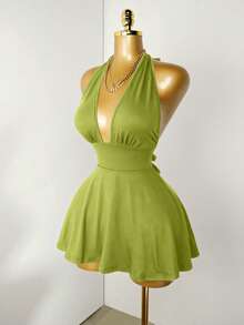 Mistrie Black Tight-Fitting Romper With Deep V-Neck, Backless Strap - Green - View 7