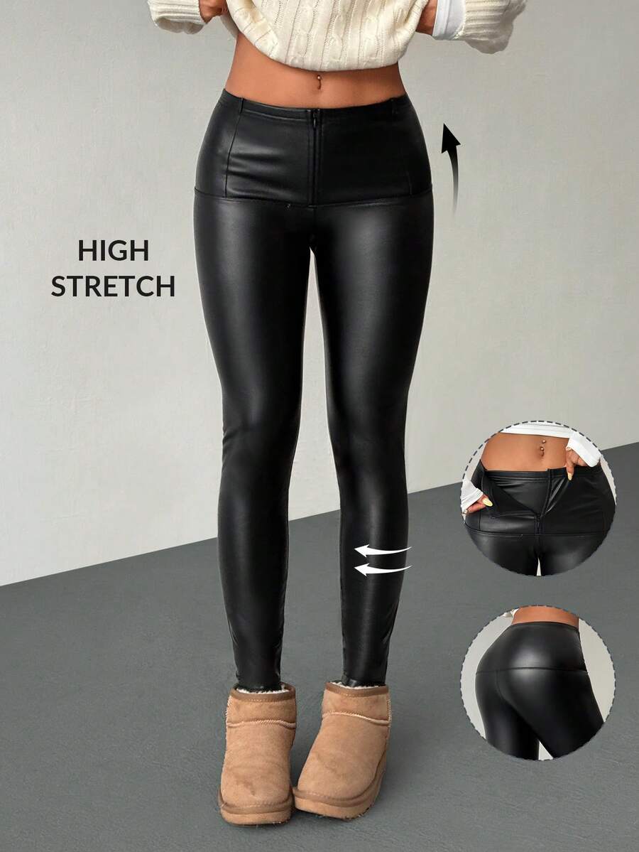 SHEIN PETITE 秋/夏新款简约优雅日常通勤休闲时尚百搭春夏百搭束腰拉链提臀黑色中腰PU皮绒修身裤，适合春夏、机场、教师、办公室等场合穿着。