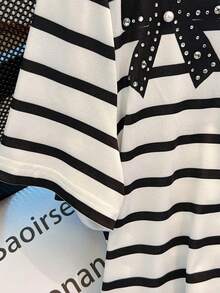 Resyla Women's Summer Cute Black And White Striped Short Sleeve T-Shirt,3D Rhinestone Bowknot Decor Round Neck Top For School,Back-To-School Everyday Wear - Black and White - View 4