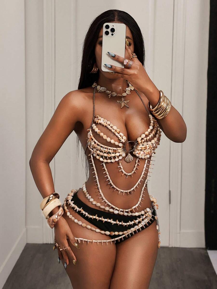 BamGleam Women's Summer Vacation Shell Beaded Sexy Bikini Set - Beige - View 1