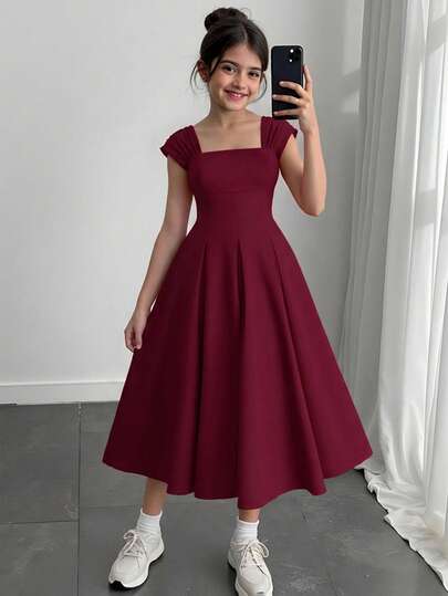 Tween Girl Elegant Sleeveless Wide Strap Waist Pleated Flared Dress, New Year Dress, Party Dress, Formal Dress, Girls Formal Dress