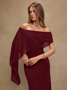 SHEIN BAE Brown Elegant Off-Shoulder Straight Fitted Dress, Suitable For Birthday, Party, Gathering Events, Autumn/Winter Layering Dress, Halloween, Christmas, Elegant Dress - Burgundy - View 5