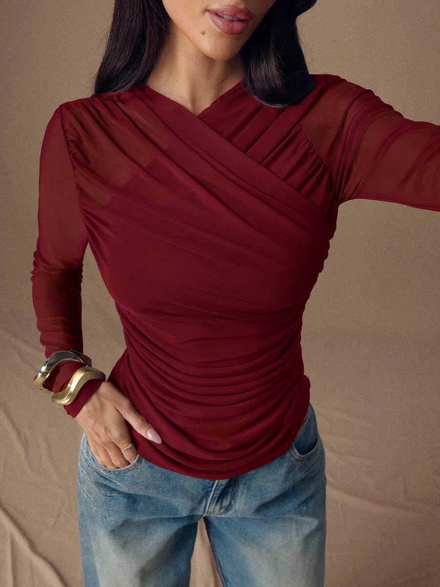 SHEIN BAE Áo thun dài tay xếp ly màu trơn dành cho nữ, kiểu dáng thường ngày. - Màu Đỏ Sâu - Xem 1