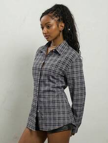 COUREZ Long Sleeve Cinched Shirt In Grid Check /Summer Tops Y3K Y2K Vintage - Black - View 3