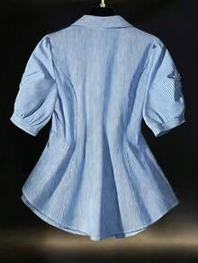 GlowEve CURVE 大码女式蝴蝶结领短袖纽扣宽松A字系带腰身休闲优雅条纹衬衫 - 藍色 - 查看 2