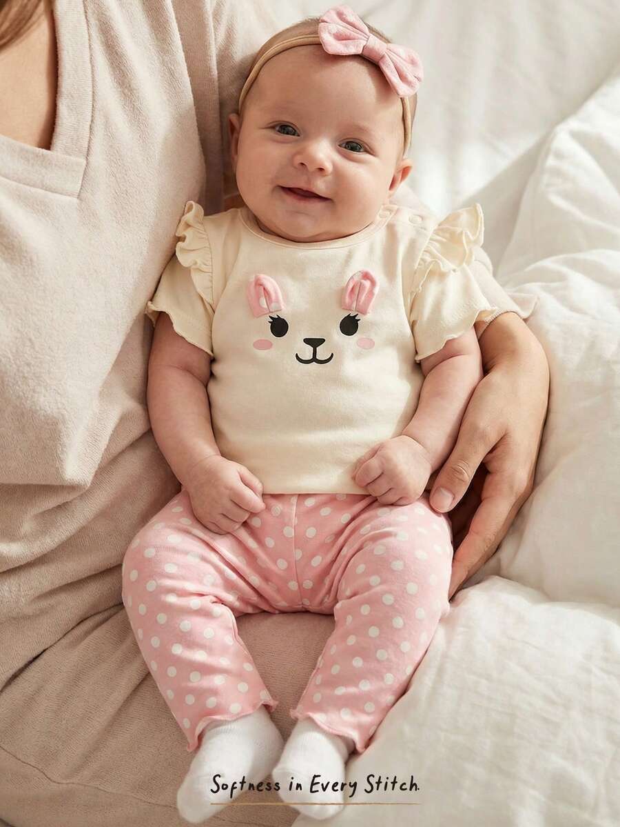 Cozy Pixies Newborn Baby Girl Cartoon Animal Print Knit Soft Crew Neck Long Sleeve Top And Elastic Waist Pants 2-Piece Set Polka Dot Baby Pants Bunny Print Baby Clothes Baby Clothes Set Girl - Multicolor - View 1