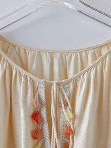 SHEIN LUNE 大码女式法式休闲优雅印花长袖衬衫 - 杏色 - 查看 3