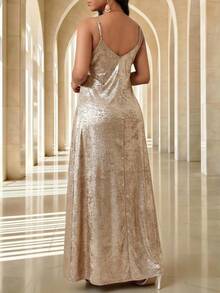 Fleurora 大码女士时尚派对亮片吊带裙 - 金色 - 查看 2