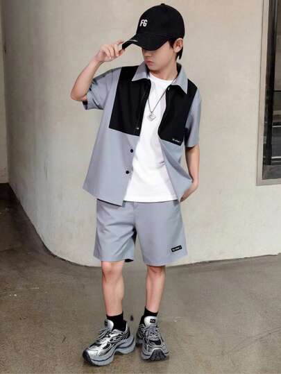 SHEIN 2pcs Tween Boys' Casual Color-Blocked Shirt And Loose Shorts Set, Suitable For Commuting, School, Daily Casual, Vacation, Sports, Spring/Summer/Autumn/Winter