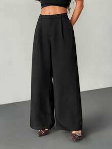 SHEIN PETITE 女士商务休闲裤 女士西式服装 女士阔腿裤 女士办公室服装 宽松裤 专业女士服装 办公室着装 灰色 - 黑色 - 查看 5