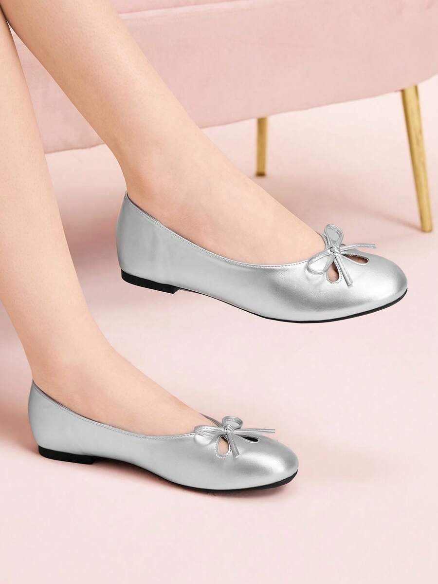 CUCCOO DOLLMOD French Round Head Soft Sole Hollow Ballet Shoes Women's Fashion Women Wear One Pedal Comfortable Soft Sole Low Vamp Temperament Velvet Versatile Flat Sole Shoe Valentine's Day - Silver - View 1