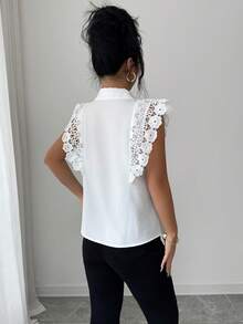 Elenzga Áo kiểu nữ dáng tiêu chuẩn mùa xuân/hè, phối ren, họa tiết hoa 3D, thanh lịch. - trắng - Xem 2