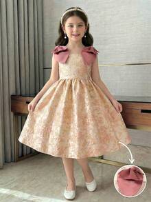 Đầm không tay thanh lịch dành cho bé gái tuổi teen, chất liệu jacquard họa tiết hoa, có nơ ở vai. - Vàng - Xem 1