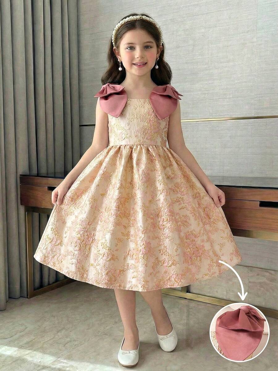 Đầm không tay thanh lịch dành cho bé gái tuổi teen, chất liệu jacquard họa tiết hoa, có nơ ở vai. - Vàng - Xem 1