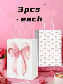 粉色蝴蝶结礼品袋，12个装 - 可重复使用的牛皮纸礼品袋，带提手，适用于婚礼、生日、婴儿派对、单身派对回礼、圣诞礼物和派对装饰 - 彩色 - 查看 10