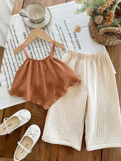 LMoss Kids LMoss  2pcs Baby Girl Woven Solid Color Camisole Top And Long Pants Set