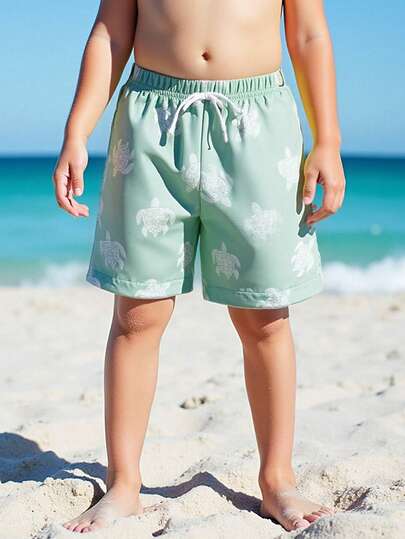 SHEIN Young Boy Casual Fashionable Cute Cartoon Turtle Print Loose Beach Shorts, Suitable For Summer, Beach, Outdoor, Swimming Toddler Boy Clothes   Summer Shorts