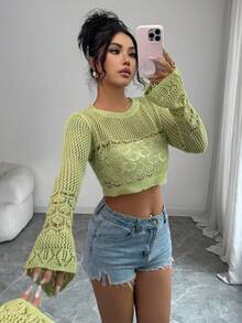 SHEIN Elenzya 女士绿色镂空喇叭袖套头毛衣，休闲度假装，夏季 - 綠色 - 查看 6