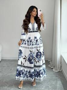 SHEIN Elenzya 女士印花喇叭袖收腰A字连衣裙，优雅百搭，适合度假、通勤、情人节、约会，展现法式街头风情，复古百搭，蓝白花卉植物印花，早春/春夏长袖中长连衣裙 - 彩色 - 查看 8