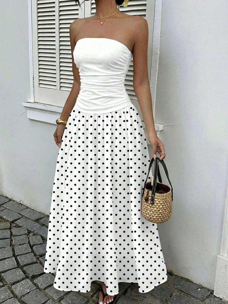 MainGRL Women's White Polka Dot Print Ruffle Hem Strapless Dress, Suitable For Vacation, Autumn Fashion, Wedding Guest Attire, Birthday Party, Outdoor Wear Strapless Maxi Dress Women White Polka Dot Dress Vacation Outfits Woman - Multicolor - View 1