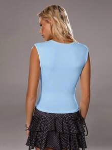 TRNVIE 女士深V领修身休闲上衣，春夏款 - 藍色 - 查看 2