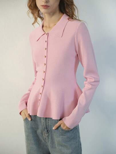 Maija 女士纯色长袖单排扣荷叶边针织开衫