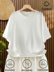 Louniche 女士休闲纯色短袖T恤，亚麻针织露脐上衣 - 白色 - 查看 1