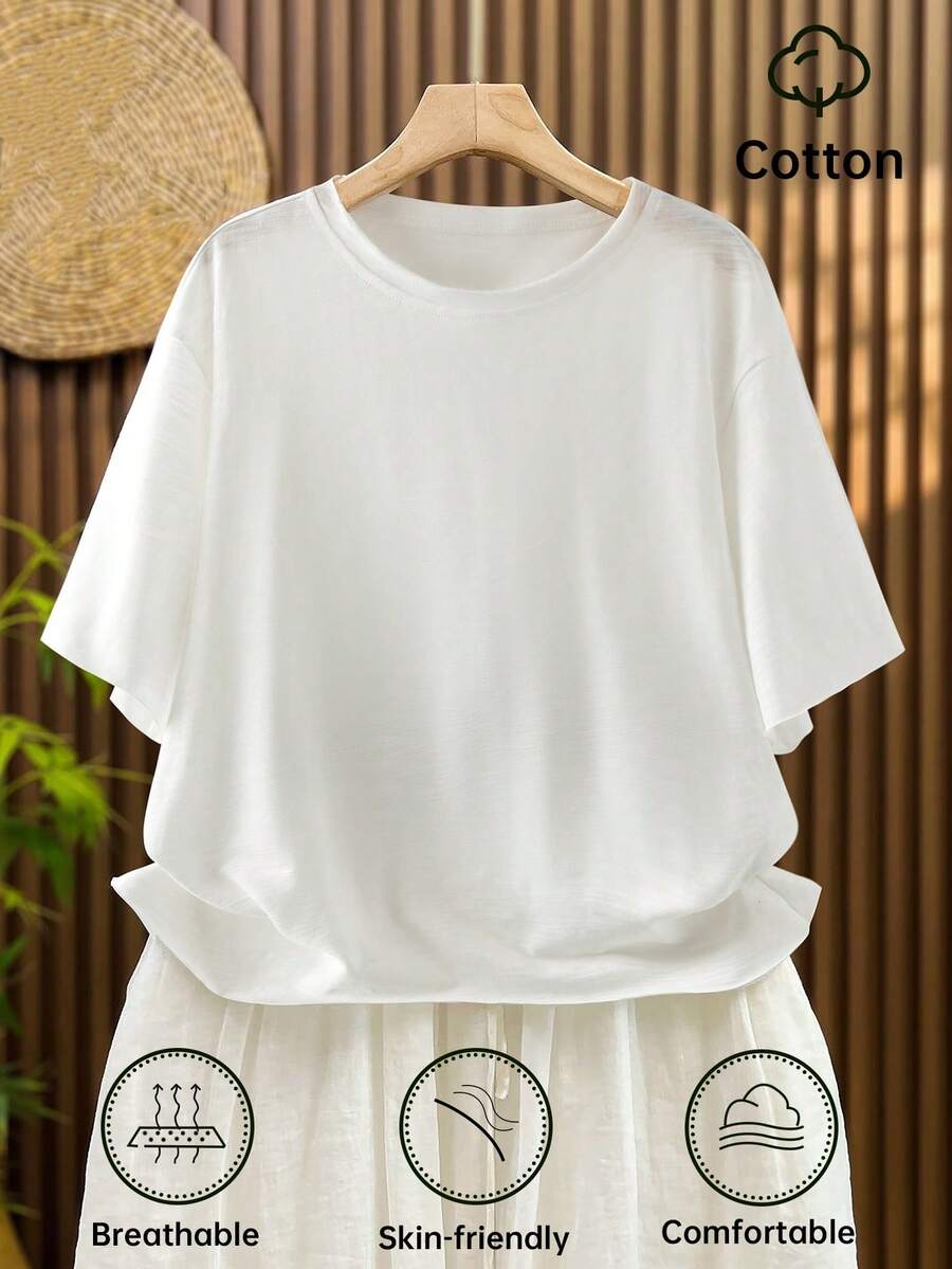 Louniche 女士休闲纯色短袖T恤，亚麻针织露脐上衣 - 白色 - 查看 1