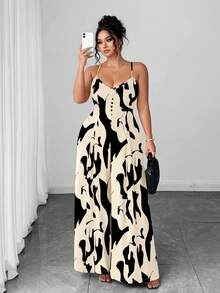 Elenzga Bộ jumpsuit nữ cỡ lớn thanh lịch in hoa, dây đeo có thể điều chỉnh, eo thắt, kiểu dáng thời trang cho đầu xuân. - Màu be - Xem 6