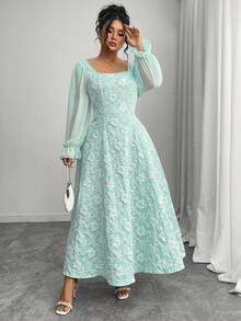 Elenzga Đầm dài tay dáng chữ A bằng chiffon họa tiết jacquard thanh lịch dành cho phụ nữ cỡ lớn, thích hợp cho mùa thu sớm, dành cho nữ. - Màu xanh Bạc hà - Xem 5