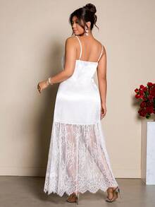 Cravure 大码女式蕾丝拼接拉链前开无袖束腰亮面面料休闲连衣裙，适合户外/购物 - 白色 - 查看 2