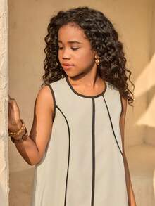 Sparklyn 少女休闲度假卡其色亚麻撞色滚边宽松连衣裙，适合海滩度假 - 卡其色 - 查看 4