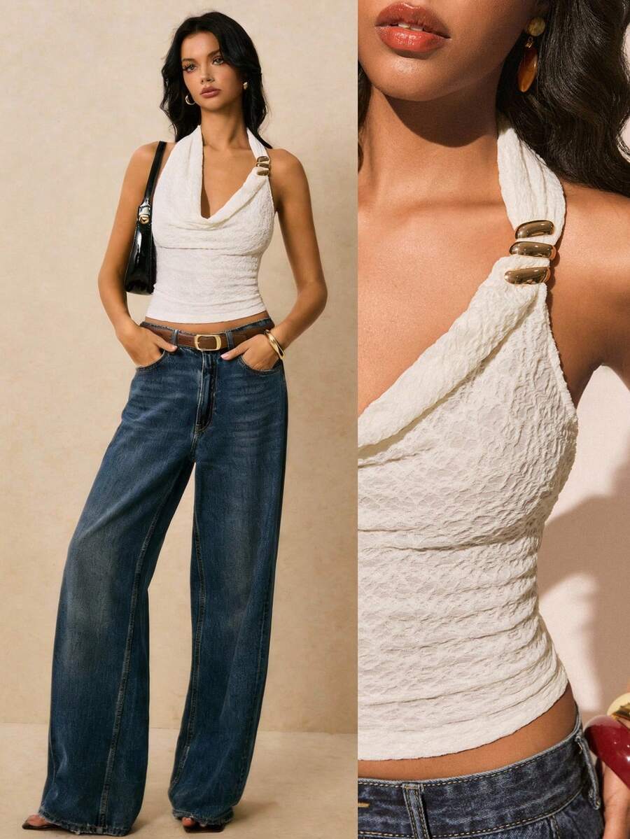 Poéselle Áo croptop nữ màu trơn, cổ yếm, hở lưng, ôm sát, thời trang.