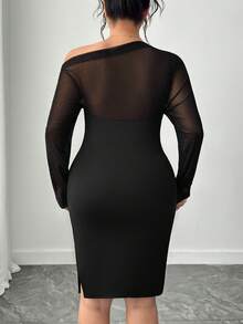 Elenzga 新款春夏不对称肩部亮面网纱拼接开衩修身性感女装 - 黑色 - 查看 2