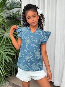 Áo kiểu nữ tuổi teen chất liệu jacquard, viền bèo nhún, thích hợp cho mùa xuân/hè. - Màu xanh lam - Xem 7