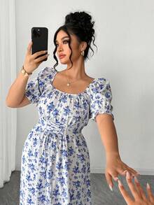 Elenzga 大码女式方领泡泡袖系腰喇叭下摆印花连衣裙，优雅户外穿着 - 藍色 - 查看 8